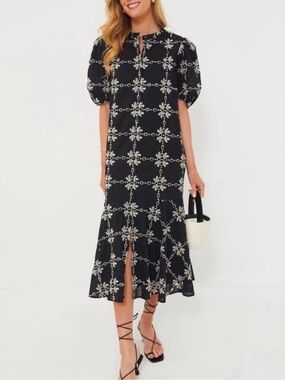 Tuckernuck Black Embroidered Midi Dress With White Stitching Size SMALL